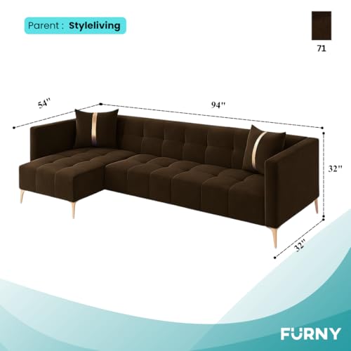 Image of FURNY Styliving 6 Seater Fabric LHS Sectional L Shape Sofa Set (Brown) with Golden Finish Legs | Durable & Comfortable | Ideal for Living Room