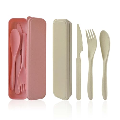 Cuayaes Set di Posate con Custodia, 2 Posate Portatili in plastica, Set di Utensili da Campeggio, Riutilizzabile, per Viaggi all'aperto, Picnic, Ufficio, Scuola (Rosa e Beige)