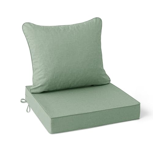 Image of Summsun Outdoor Cushions for Patio Furniture, Faux Linen Water Resistant Backrest and Deep Seat Cushion Set with Removable Cover, Ties, Non-Slip Bottom, 22 x 22 Inch, Sage Green