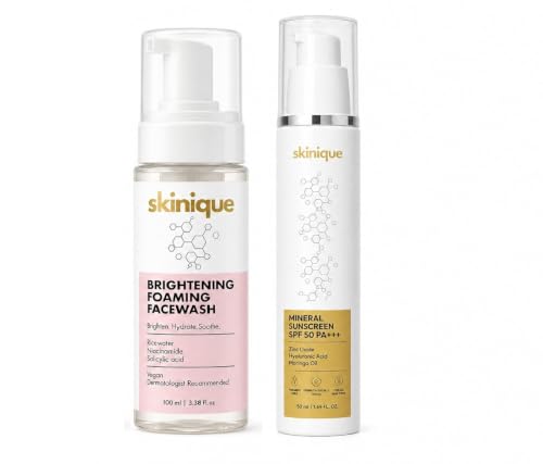 Image of Foaming Face Wash with Rice Water and Mineral Sunscreen SPF 50 PA+++ Combo, Moisturizing and Brightening, 150ml, for Men and Women, All Skin Types, Fragrance Free, Niacinamide, Zinc Oxide, Squalane