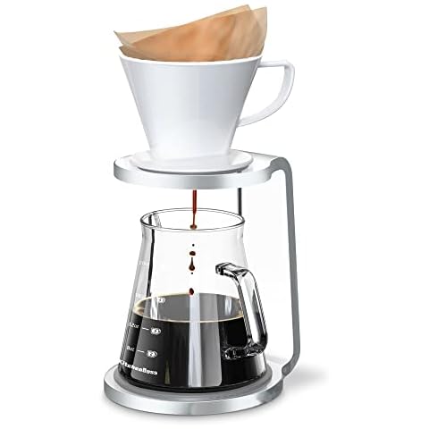 Pour Over Coffee Maker Set: KitchenBoss Pour Over Stand Set | White Ceramic Dripper | 600ml/20oz Glass Server | Non-slip Stand | Home Office Coffee Maker Kit 5 Cup Cover