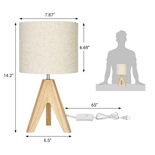 Dewenwils Bedside Table Lamp, Tripod Table Lamp Wood With Linen Fabric Shade, Small Nightstand Lamp For Nursery, Bedroom, Kids Room, Side Table, Reading Desk -14.2 Inches, On/Off Switch #TOP5