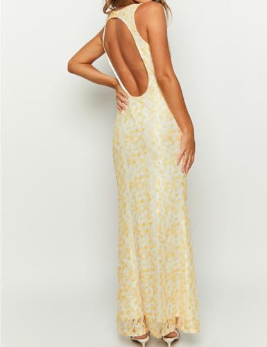 Image of Elegant Lace Floral V Neck Backless Bodycon Dresses for Women Sexy Cut Out Low Back Sleeveless Maxi Dress Wedding Guest