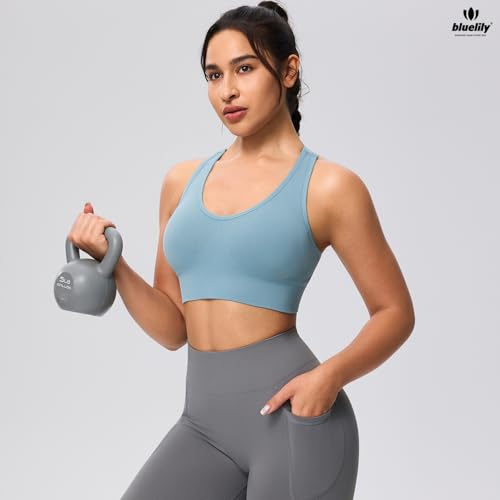 Image of BLUELILY Sports Bra for Women Medium Support Criss Cross Strappy Bras Seamless Padded High Impact Yoga Athletic Exercise Bras
