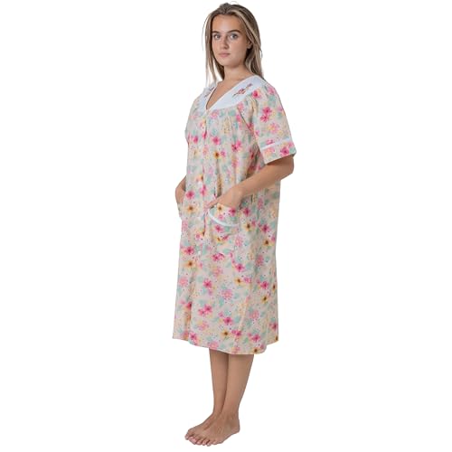 Image of Women's Short Sleeve Woven Snap-Front Closure Floral Embroidery Housecoat Duster Lounge Nightgown Robe with Front Pockets
