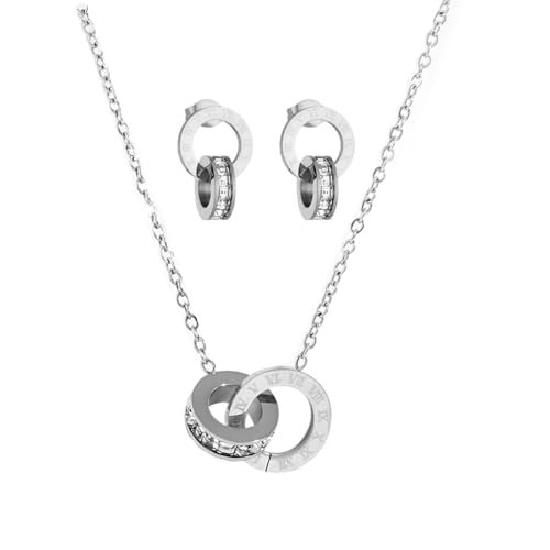 Auriselle Conjuntos joyas strass mujer, 2 piezas, chapado en oro de 18 quilates anillo romano, colgante, collar, pendientes, brillantes, cadenas titanio, longitud ajustable niñas, plateado