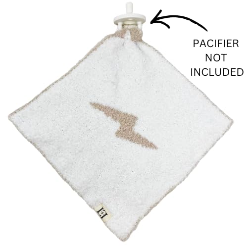 Image of L+L USA Lightning Bolt Baby Lovey Pacifier /Teether Holder 10 inchx10 inch - DreamSoft Plush Fluffy Cuddly Soothie Reversible Mini Comfort Blanket - Cute Newborn Gift Essential Babies Boys Girls (Tan /White)