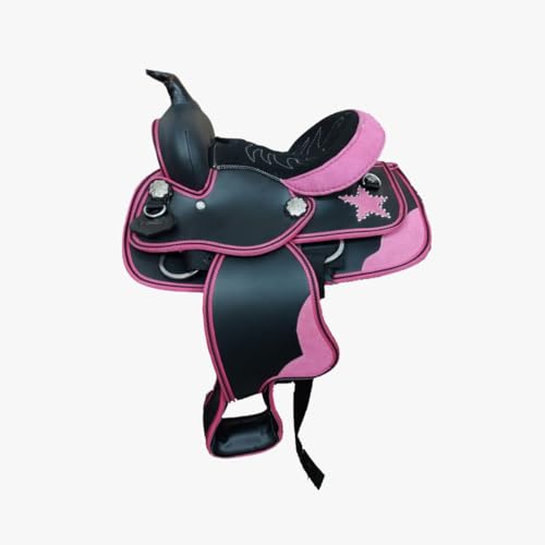 Hassan International Premium Synthetic Western Saddle | Lightweight Horse Saddle for Horse | Trail Riding Barrel Racing Black & Pink Synthetic Saddle | Comfortable Padded Seat 14 Inch Riding Saddle