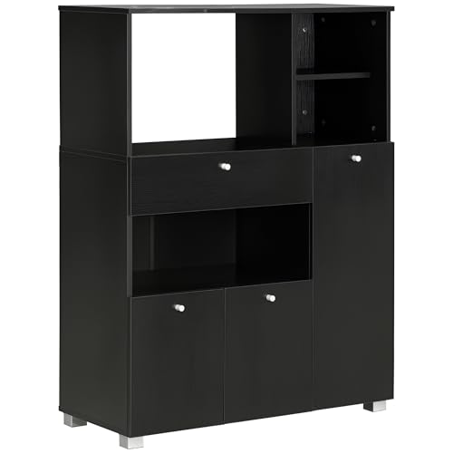 Homcom Mueble Auxiliar De Cocina Mueble Para Microondas Aparador De Cocina Con Cajón Estantes 3 Puertas 3 Compartimientos Diseño Anti-Vuelco Para Comedor 90x40x120 Cm Negro