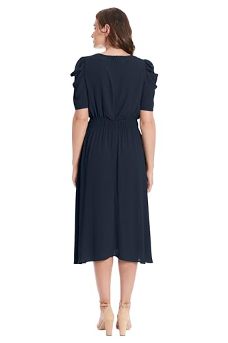 Image of London Times Women's Caterpillar Puff Sleeve Midi Dress - Gathered Waist A-Line Flowy Summer Dress