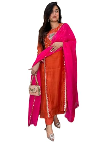Image of GoSriKi Women's Viscose Blend Straight Embroidered Kurta with Pant and Dupatta Set | Ethnic 3 Piece Suit | Traditional Salwar Kameez for Women | Festive Kurta Set | Regular Fit Dress