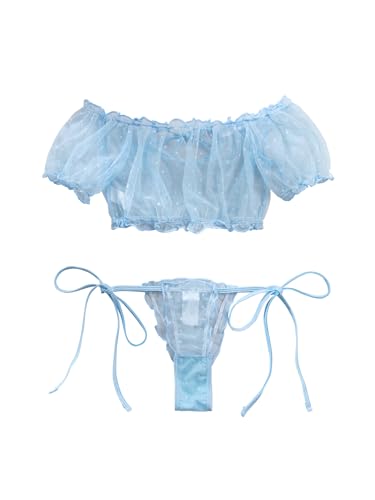 Image of Lilosy Sexy Stretch Ruffle Tie Sheer Mesh Lingerie Set Outfits