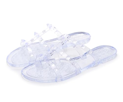 Image of Women Flats Sandals, Studded Jelly Shoes Size 9 Red Dressy Summer Beach Rivets Strappy Jellies Slide Slip On Open Toes