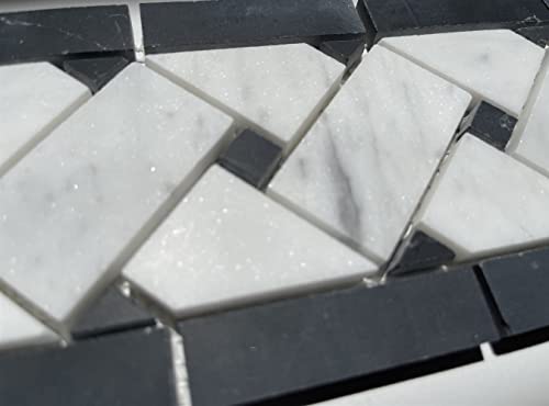 Stone Center Online Carrara White Marble 4x12 Basketweave Mosaic Border w/Nero Marquina Black Dots Honed Kitchen Bath Wall Floor Backsplash Shower (1 Sheet)