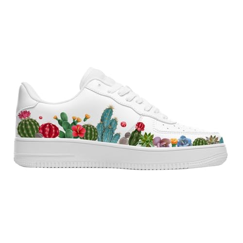 Custom Name Low Top Cactus Sneakers for Womens, Personalized Cute Plant Print Casual Everyday Walking Shoes, White Fashion Sneakers to Wear with Dresses3