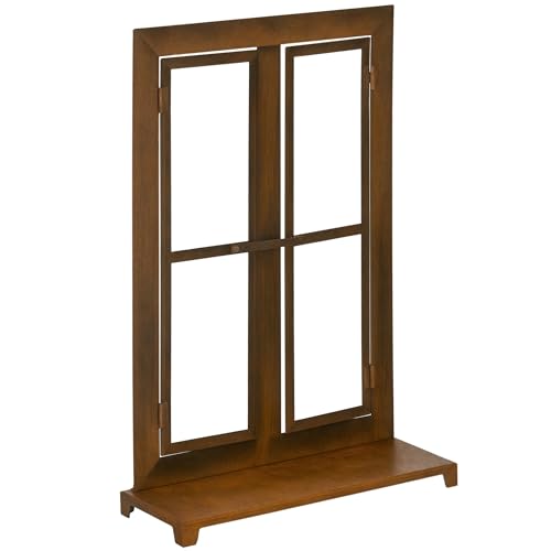 Outsunny Eisenfenster, Edelrost Sprossenfenster, 55 x 80 cm Fensterrahmen mit Schwelle und Riegel, Gartendekoration für Balkon, Terrasse, Rustikal-Braun