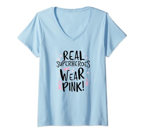 Real Superheroes Wear Pink! Breast Cancer Awareness Support V-Neck T-Shirt