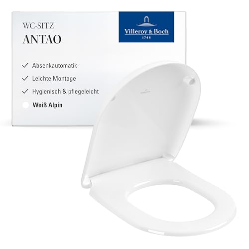Villeroy & Boch Antao WC-Sitz - Toilettendeckel mit Absenkautomatik - Abnehmbarer, bruchsicherer Toilettensitz aus Duroplast - Original Ersatzteil - Klodeckel in D-Form - Weiß Alpin, glänzend