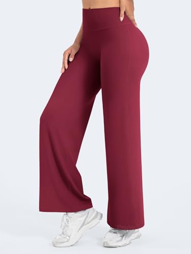 VOYJOY Straight Leggings Bottoms Wide Leg Pants for Women 29"/ 31.5"/33" High Waist Stretch Casual Sweatpants Ruby Red4