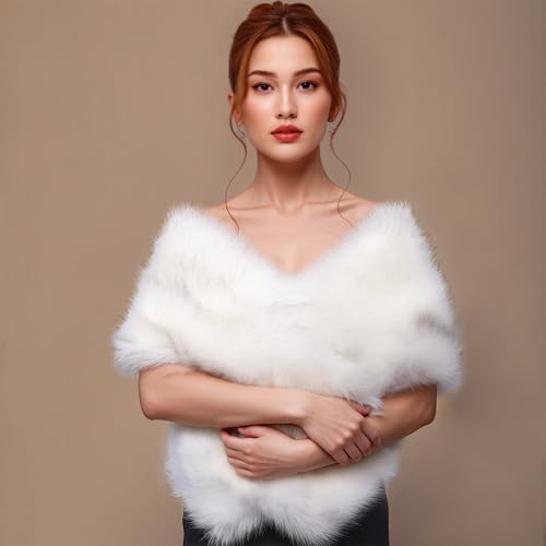 Luxury High-Density Faux Fur Shawl – No Shedding, Fluffy Bridal Wrap with Satin Lining, Warm for Weddings2