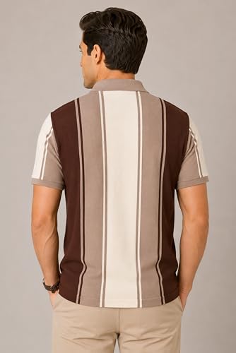 Image of SANE ORIGINALS Textured Polo T-Shirt for Men in Vertical Stripes || Old Money Polos for Men