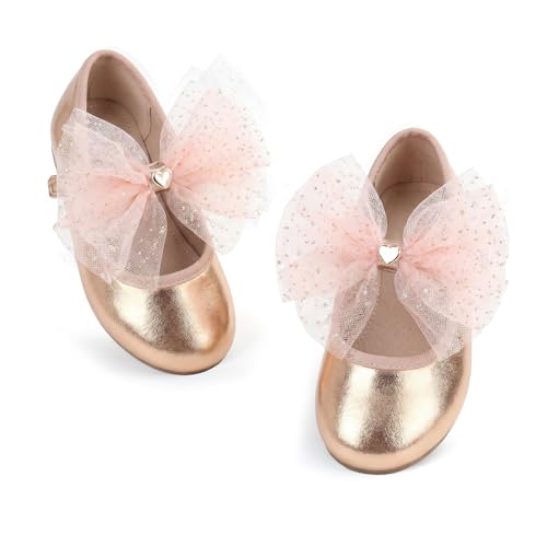 Wulubaba Toddler Girls Dress Shoes Mary Jane Princess Shoes with Sparkly Tulle Bow and Heart Charm Toddler Little Kids Wedding Party Flats Gold