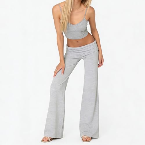 Image of Lounge Yoga Pants for Women Fold Over Low Waist Wide Leg Bell Bottoms | Y2K Foldover Pants, Flare Leggings, Low Rise Yoga Sweatpants
