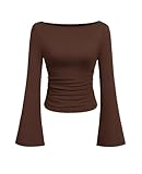 PRETTYGARDEN Womens Long Sleeve Shirts 2026 Spring Crop Going Out Tops Casual Boat Neck Bell Sleeve Ribbed Ruched Y2K Clothes (Brown,Small)
