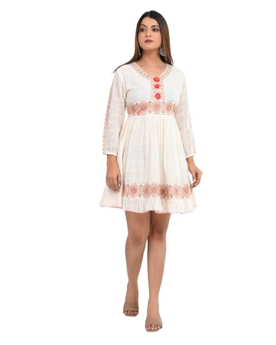 Buy POISED Pure Cotton Knee Lenght Floral Embroidered Midi Dress