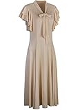 Vijiv Women's Vintage 1920s V Neck Long Bias Cut Sleeveless with Flutter Sleeves Bowknot Flapper Dress, Ivory, L - Image 3