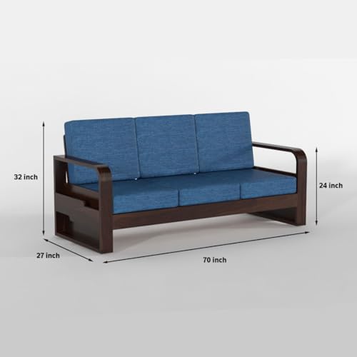 Image of Solid Sheesham Wooden 5 Seater Sofa Set for Living Room | Sofa Set with Side Pocket Storage & Cushion | Rosewood Sofa Set for Home (Walnut with Blue Cushion, 5 Seater)