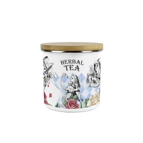 Purely Home Alice's Adventures in Wonderland Herbal Tea Canister - Cartoon Characters White Rabbit & Mad Hatter Kitchen Gifts - Medium Metal Enamel Container 600ml
