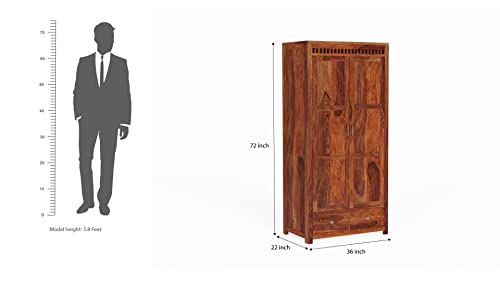 Image of Wooden 2 Door Wardrobe for Bedroom, Almirah with 2 Drawers & Multiple Shelves Storage, Solid Sheesham Wood, Honey Finish