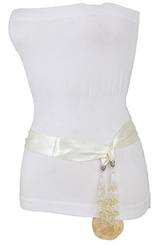 TFJ Women Fashion Wrap Around Cream Fabric Tie Sash Belt Hip Waist Long Tassel XS S3