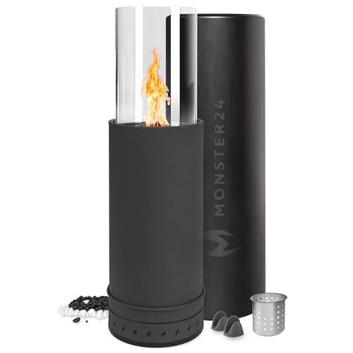 Monster24 Standkamin, rund, freistehend, 87 x 27 x 27 cm, Pellet Terrassenheizer für Outdoor, Terrassenofen mit 360° Flammenspiel, ideal als Terrassenkamin und Bodenkamin