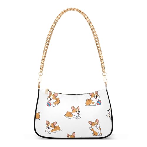 Cute Cartoon Corgi Dogs White Ladies Shoulder Bag Prints for Women Small Hobo Purse Chain Strap Zipper Cute Purse