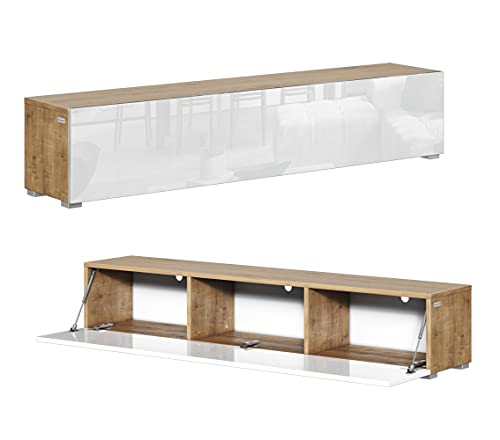 Platan Room - Meuble TV bas - 105/140/160/210/280 - En chêne blanc brillant - À suspendre ou à poser (160 x 30 x 32 cm, chêne doré/blanc brillant)