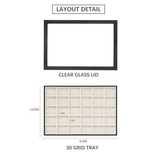 Image of Wudygirl Jewelry Organizer 30 Grid Jewelry Tray with Lid Earring Holder Organizer for Women Ring Earring Bracelet Holder Storage (Pu Black Beige)