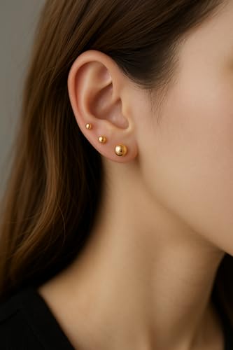 14K Gold Ball Stud Earrings – 3 Pairs in 3mm, 4mm, 5mm Sizes – Available in Style Colors for Women & Men2