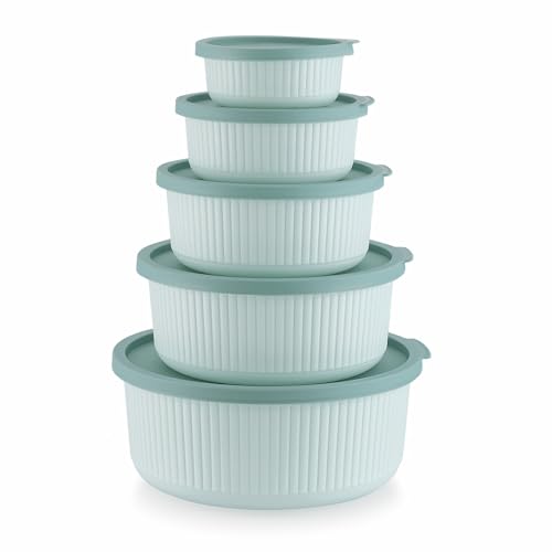 Image of Round Fridge Storage Boxes Set, 5 Piece Plastic Stackable Bowls with Airtight Lids For Kitchen and Freezer Safe Containers - 270ml, 550ml, 1000ml, 1700ml, 2700ml, Mint Green