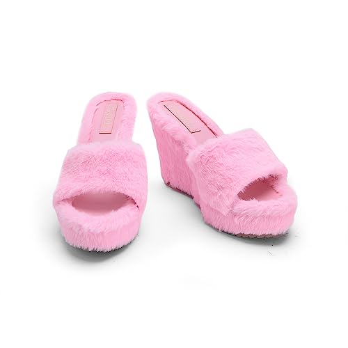 YSMIIH Women Fluff Wedge Slippers Fashion Sandals Plush Platform2