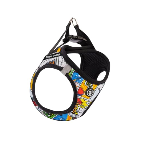 SUPER DOGGY Arnes Personalizado para Perros - Tamaño Pequeño y Mediano - Incluye 2 Etiquetas con Nombre - Chaleco Suave y Reflectante - Transpirable con Diseños Divertidos (XS, Cómic)