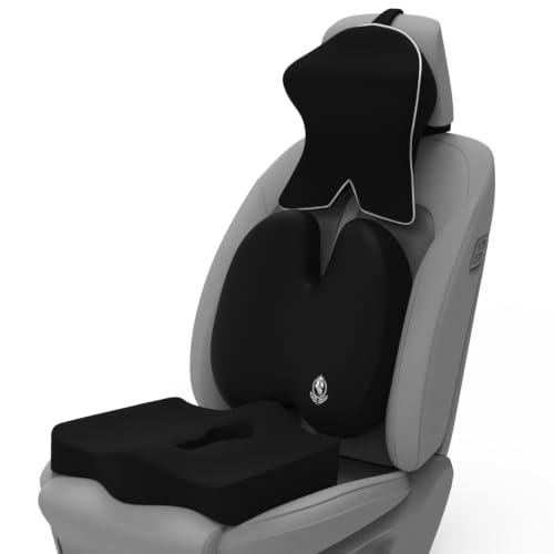 Image of MRRON Memory Foam Posture Corrector Car Seat Cushions Combo | Orthopedic Backrest, Coccyx Cushion & Neckrest | Ergonomic Lumbar Comfort Seat Cushion | Reduces Sciatica (Black, Backpro)