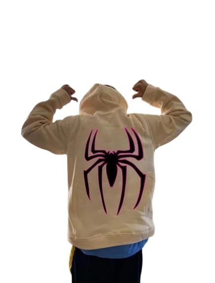 Men's Cream Hoodie with Neon Pink Spider Back Graphic Print-picture-47
