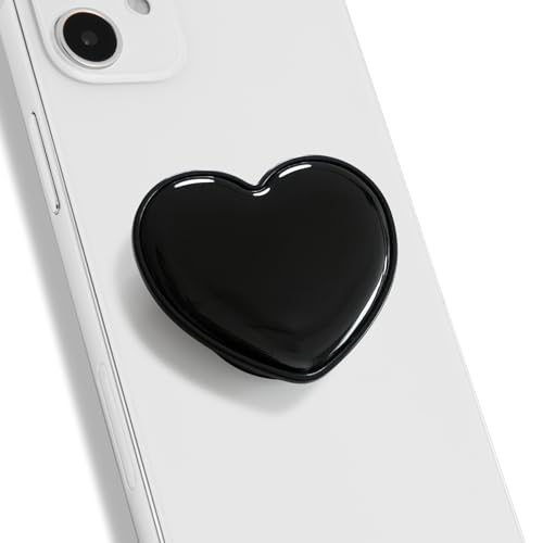 OnTheGrip Cute Solid Macaron Color Heart Shape Collapsible Mobile Phone Grip Stand Holder for Smartphone Tablet Cell Phone Accessory (Black)