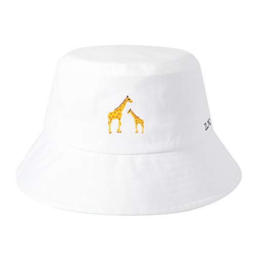 ZLYC Unisex Fashion Embroidered Bucket Hat Summer Fisherman Cap for Men Women Teens (Giraffe White)