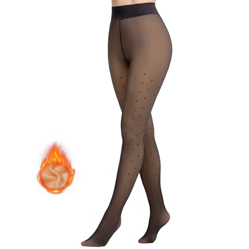 MANZI Women's Polka Dots Fleece Lined Faux Sheer Black Warm Tights Patterned Fake Translucent Winter Thick Thermal Stockings Black Small-Medium