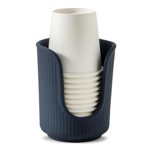 Ceramic Bathroom Cup Dispenser with Stylish Vertical Stripes - Disposable Mouthwash Cup Holder Holds 3-4oz Paper Cups for Rinsing Cups on Bathroom Vanity Countertops (Matte Blue)