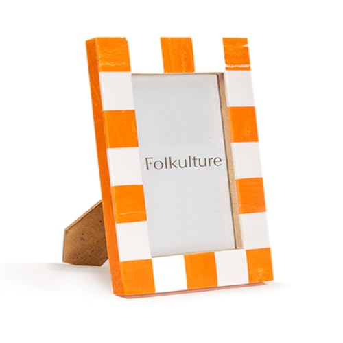 Folkulture 4x6 Picture Frame | Resin Orange & White Checkered Picture Frames or Family Photo Frames for Fall Wall Decor| Fall Picture Frame, Marcos Para Fotos De Pared Vertical & Horizontal Display