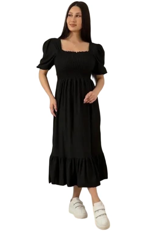 Women's Square Neck Smocked Puff Sleeves Black Flared Maxi Dress-image-36